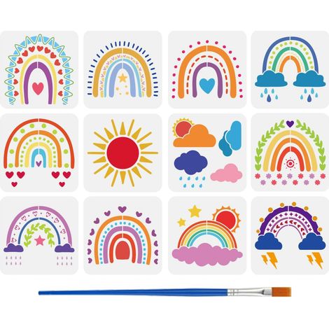 12Pcs Pochoir Arc en Ciel Météo pour Peinture Au Pinceau 20x20cm Soleil Nuage Cœur Étoiles Modèle Feuilles D'Olivier Pluie Tonnerre Foudre Pochoir Thème Nature Modèle pour la Décoration (1/5)
