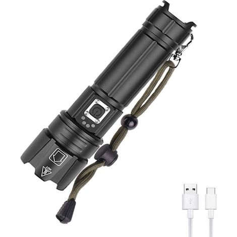 Lampe Torche LED Puissante 6000 Lumens, XHP70 Lampe Torche Rechargeable Lampe de Poche avec Indicateur de Puissance Zoomable 5 Modes pour le Camping Pêche Randonnée(Batterie Incluse) (1/4)
