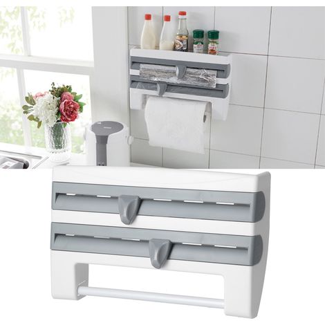 Support de rangement pour film alimentaire, distributeur de film étirable, coupe-film, porte-essuie-tout, accessoires de cuisine, gris-bleu (1/5)