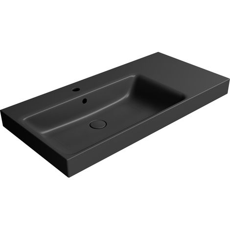 Lavabo en céramique NUBES 100x50cm, étagère à droite, noir mat (1/3)