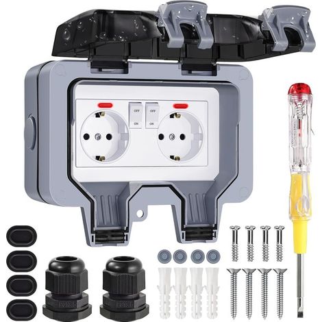 Prise Exterieure Etanche IP66 Double Prise de Courant et Volet de Protection Electrique Multiprise Murale de Jardin, Prise Anti Poussière et Coupe Vent avec Interrupteur, Voyant Lumineux (1/5)
