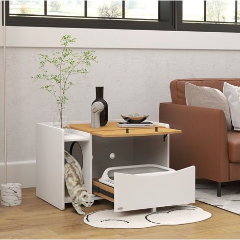 Meuble litière chat avec tiroir coulissant, bac anti-projections, rangement discret, 78 x 50 x 51 cm, bois clair et blanc - CHICFURN (1/5)