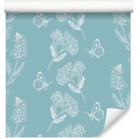 Papier peint à motifs d'herbes aromatiques et de papillons sur fond turquoise pour le salon et la chambre, 50 x 1000 cm (1/5)