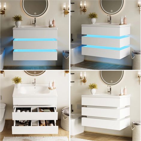 Wandmontierter Badschrank mit LED Beleuchtung, Waschbeckenunterschrank aus Keramik, Soft-Close Schubladen, Badezimmer Möbel Weiß