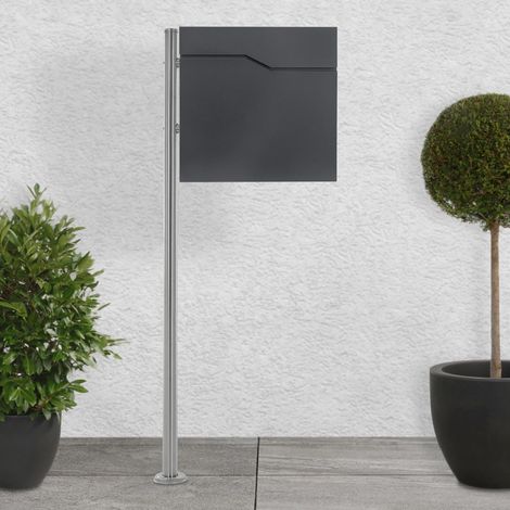 ECD Germany Buzón de Correo Antracita con Soporte Plateado para Cartas con Compartimento para Periódico 37x37x11 cm Acero Inoxidable con 2 Llaves Solapa de Cierre Total Moderno con Pedestal Lateral (1/5)