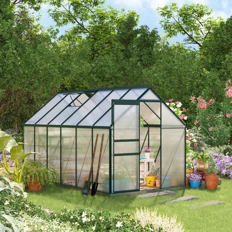 Invernadero de jardín de policarbonato de 190x375x199 cm, con ventana practicable y puerta corredera, estructura de aluminio, color verde.