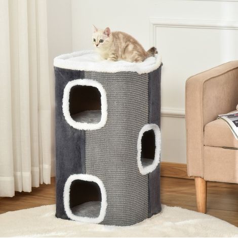 CHICFURN Rascador barril para gatos 40x40x74 cm poliéster gris y blanco, sin montaje (1/5)