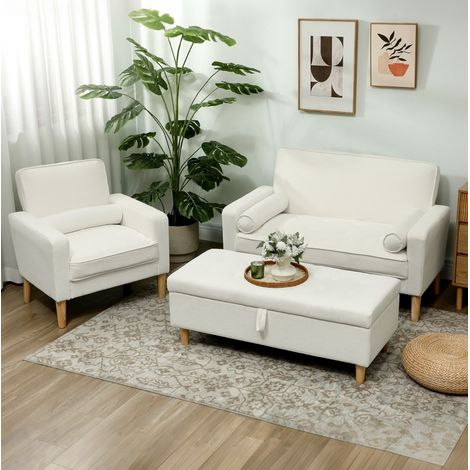 Divano 2 posti in poliestere con piedi in legno di hevea, 130 x 74,5 x 82 cm, bianco crema HAVRYA (1/5)