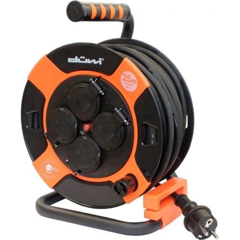 Carrete de cable de extensión de 4 tomas H05VV-F3G1.5, 25 m, IP44, naranja-negro / 24630