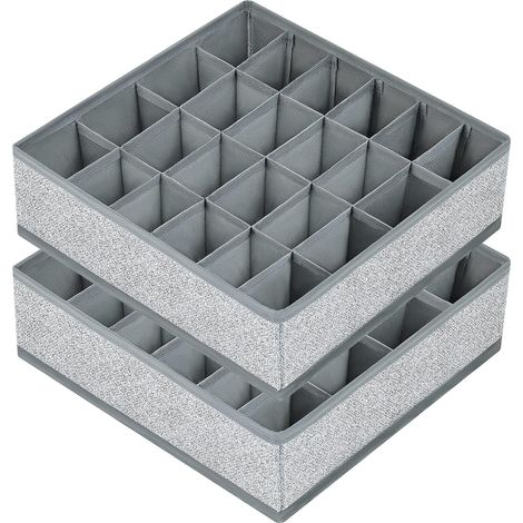 2er-Set faltbare Schubladenorganizer – 24 Fächer – Vliesstoff in Hanfoptik – Platzsparende Aufbewahrung für Unterwäsche und Socken – Ideal für Ankleidezimmer und Schlafzimmer – Hellgrau, 34 x 34 x 9 c (1/5)