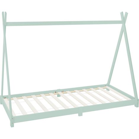 ML-Design Letto Montessori Tipi per Bambini 90 x 200 cm Verde Menta, in Legno di Pino Massiccio, con Rete a Doghe, Lettino Basso a Forma di Tenda Indiana, Giroletto Singolo a Capanna per Cameretta