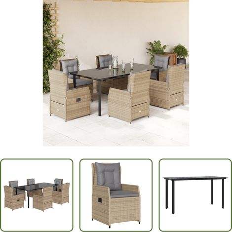 Gartenstuhl - 7-tlg. Garten-Essgruppe mit Kissen Beige Poly Rattan (1/5)