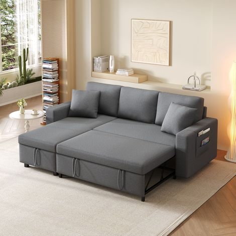 Canapé convertible L avec fonction sommeil, chaiselongue réversible gauche/droite, rangement intégré et poches laterales, canapé-lit pour salon, tissu gris, 3 places, moderne. (1/5)