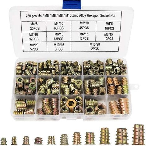 Kit d'outils pour meubles en bois comprenant 230 écrous hexagonaux M4, M5, M6, M8 et M10 avec inserts filetés en alliage de zinc (230 pièces). (1/5)