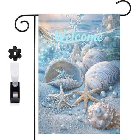 Drapeau de jardin 30 x 45 cm motif coquillages et étoiles de mer style océan toile double face extérieure (1/5)