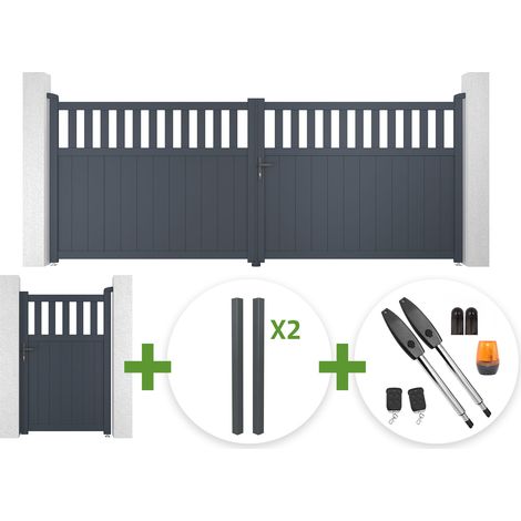 Portail battant 4m SANTIS H.160cm aluminium gris + 4 poteaux ELDA + Portillon 1m SANTIS H.160cm aluminium gris + motorisation Tanker B250 (1/5)