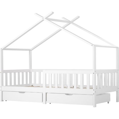 (Non autorisé à la vente en Allemagne)Lit maison pour enfant, avec 2 tiroirs, en bois massif avec barrière et sommier à lattes, pour chambre d’enfant et d’adolescent avec protection antichute, blanc ( (1/5)