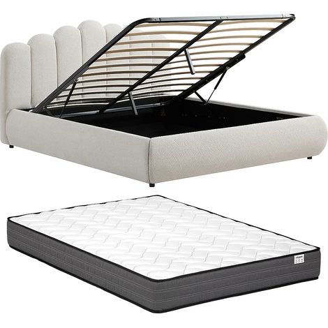 Lit coffre 140 x 190 cm – Tissu texturé – Beige + Matelas – SILVATORA (1/5)