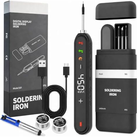 Kit Fer a Souder sans Fil Rechargeable USB-C, Batterie 1400mAh, 180-450°C (1/5)
