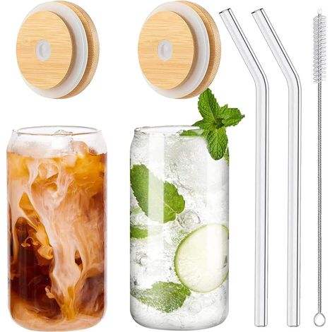 Verre À Boire - 500 ml - En Verre À Café Froid - Avec Couvercle En Bambou Et Paille En Verre - Pour Thé Glacé, Smoothie, Cocktail, Bière - Lot De 2