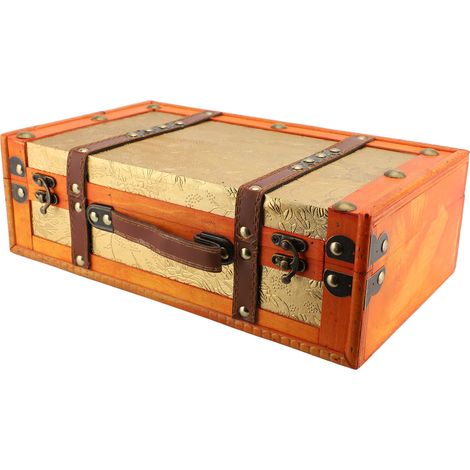 Valise Vintage Bois Cuir 34x20x11cm Coffre Rangement Déco (1/5)