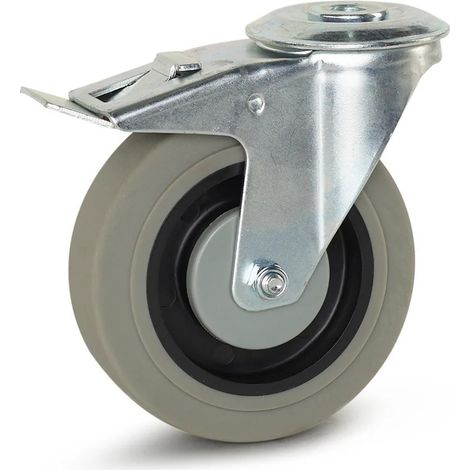 Roue pivotante freinée - MESO - Caoutchouc gris - 125mm - 180kg - Trou central