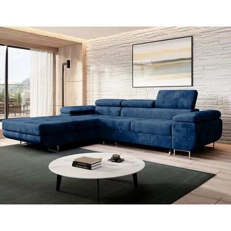 Alvaro Velvet Left Hand Facing Corner Sofa Bed with Storage and Lift Mechanism - Navy Blue (1/4)