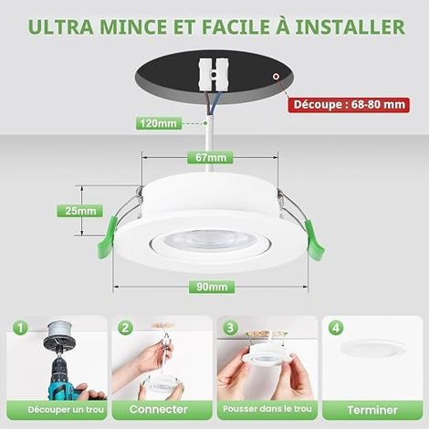 Recessed LED Spotlight 230V 5W 550LM 45° Swivel IP44 GU10 Ceiling Spotlights 2700K Warm White LED Spotlights 68mm Hole Recessed Spotlight for Bathroom Living Room White (1/4)