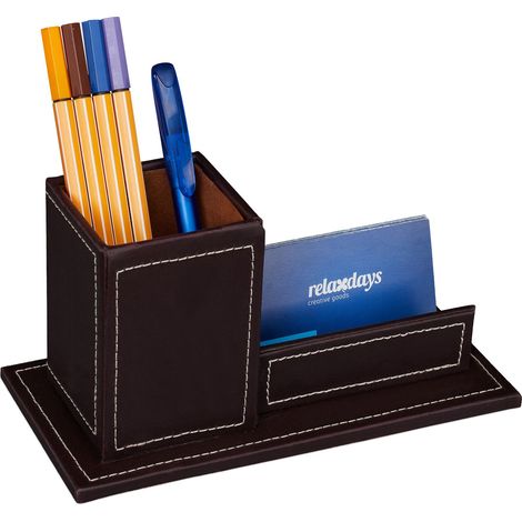Relaxdays Desk Organiser, Pen Cup & Business Card Holder, H x W x D: 10.5 x 20 x 10 cm, Faux Leather, Brown