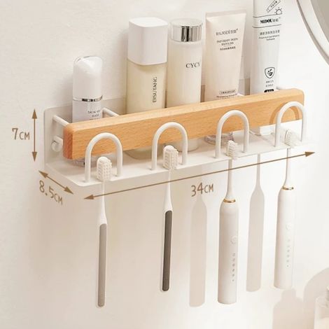 Porte-brosse à dents en hêtre, étagère de salle de bain sans perçage, fixation murale, rangement pour toilettes, porte-serviettes de bain, accessoires de salle de bain (1/5)