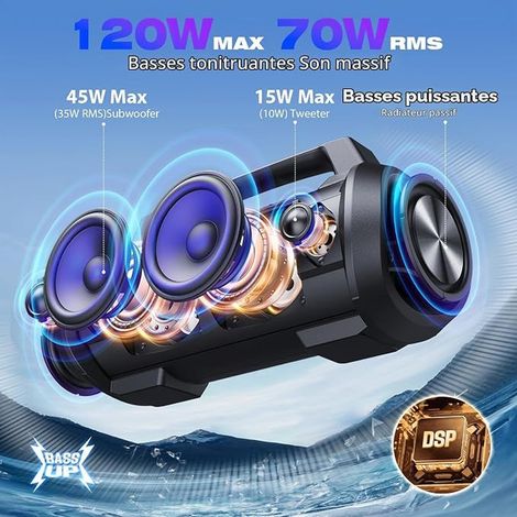 Altavoz Bluetooth Portátil 120W, Altavoz inalámbrico resistente al agua con 4 Altavoces y 70W de Graves, 42H, Luces RGB, EQ, DSP, BT5.4, 110dB Altavoz Portátil para Exterior/Playa/Fiesta (1/4)