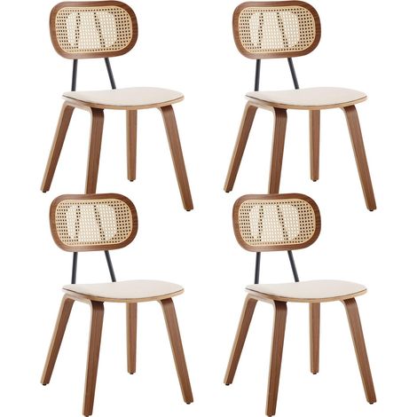 Wahson Lot de 4 Chaises en Bois, Chaise Salle a Manger Vintage avec Dossier Rotin, Chaise Salle Manger Pour Cuisine, Beige
