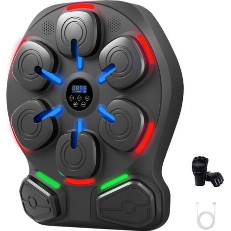 Music Boxing Machine avec 8 Cibles, Machine de Boxe Murale Bluetooth avec Musique, Punching Pad avec 10 Vitesses & 9 Modes, LED Boxeur avec Batterie 4000mAh et Gants