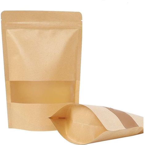50 pièces Sac en Papier Kraft Zip Petit Sac en Papier avec fenêtre Sac ziplock Alimentaire-adapté aux graines de thé de café de Fruits secs (12x20cm) (1/5)