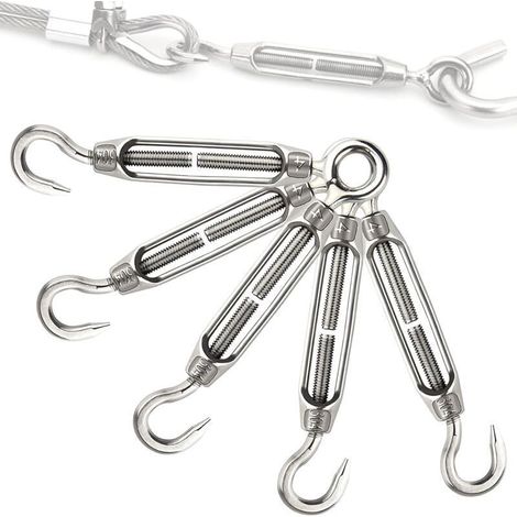 Tendeur de câble réglable en acier inoxydable M5 – Lot de 5 pièces avec crochet et œil pour corde à linge ou chaîne (1/4)