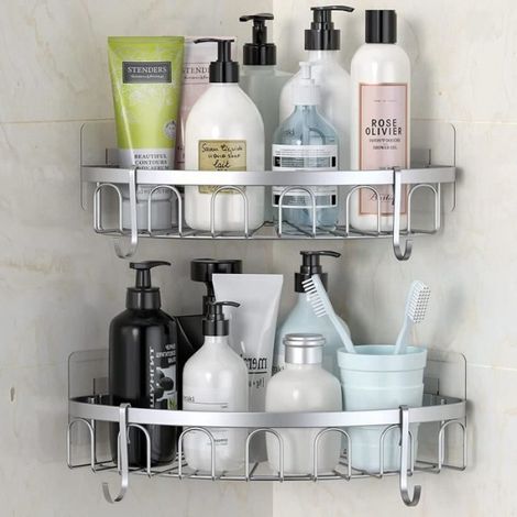 Etagere Douche - Acier Inoxydable - Sans Perçage - Angle - 4 Crochets - 15 Kg - 1 Piece (1/5)