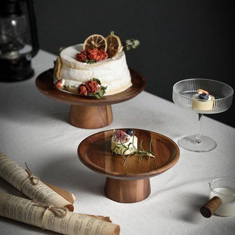 Vassoio rotondo per dessert,alzata per torte con base,vassoio da portata in legno,decorazione da tavola in legno per occasioni festive (1/4)