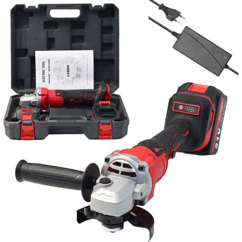 Meuleuse d'angle sans fil, meuleuse d'angle 21 V avec 2 batteries 4.0 Ah, 9000 RPM moteur brushless, disques de coupe 100 mm, disque à lamelles pour couper, meuler. (rouge) (1/4)