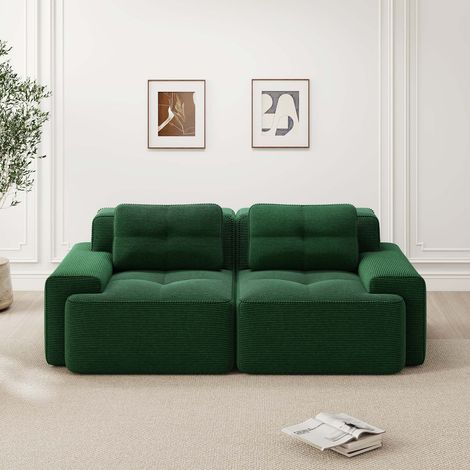 Canapé cloud modulable 2 places vert en velours côtelé, canapé sans structure avec assise profonde, mousse haute résilience 32D, canapé détente salon sans montage (1/5)