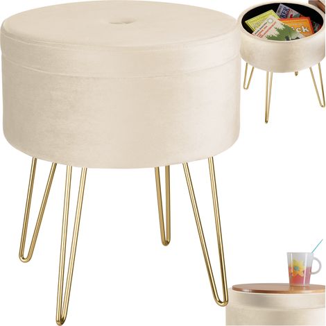 Tectake – Tabouret coffre de rangement rond en velours crème – Dimensions Ø37,5 x H44,5 cm – Plateau bois – Pieds en acier doré – 300 kg max
