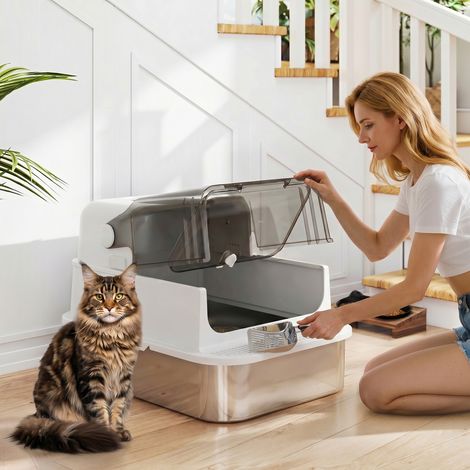 Bac à litière XXL 72L acier inoxydable avec double porte, couvercle, pédale, pelle et système anti-fuite pour plusieurs grands chats