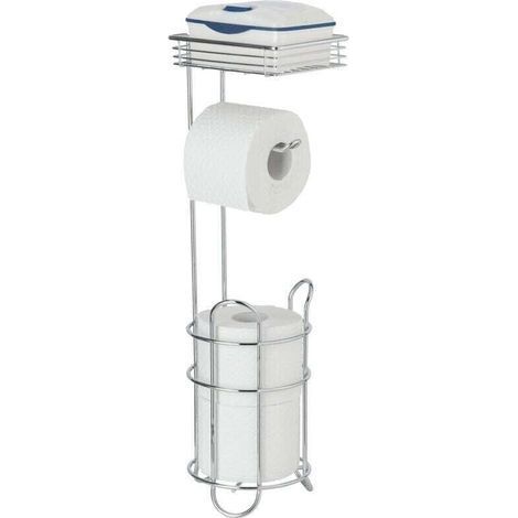pair Serviteur WC 3en1 Rack , Dérouleur papier toilette sur pied avec étagère de rangement et range papier toilette, Métal, 15x18x59cm, argent chromé (1/4)