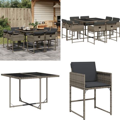 9-tlg. Garten-Essgruppe mit Kissen Grau Poly Rattan - Gartenmöbel - Essgruppe - Gartenset - Outdoor Möbel - Terrassenmöbel - Home & Living (1/5)