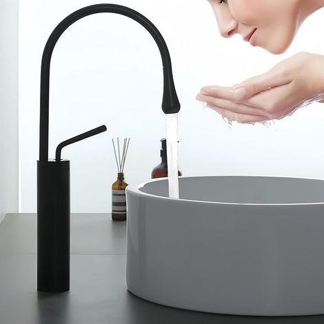 Robinets de Lavabo Noir Laiton Simple Col Cygne Longue Portée Arche Haute Pivotant Contemporain Élégant Forme Larme avec Tuyaux- (1/4)