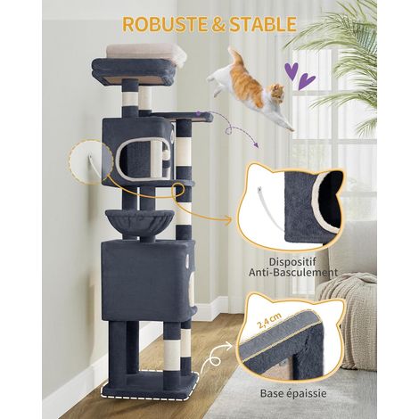 Arbre à chat 180 cm – 3 plateformes, 2 grottes, 8 griffoirs – Panier en peluche, pompons – Pour chats de toutes tailles – Gris foncé (1/5)