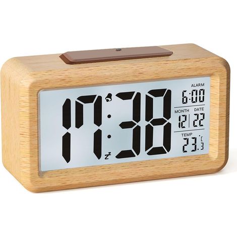 Buchenholz Digitaler Wecker – LCD-Display, Temperaturanzeige, Schlummerfunktion, manuell einstellbare Hintergrundbeleuchtung, Smart Light, betrieben mit 3 AAA Batterien