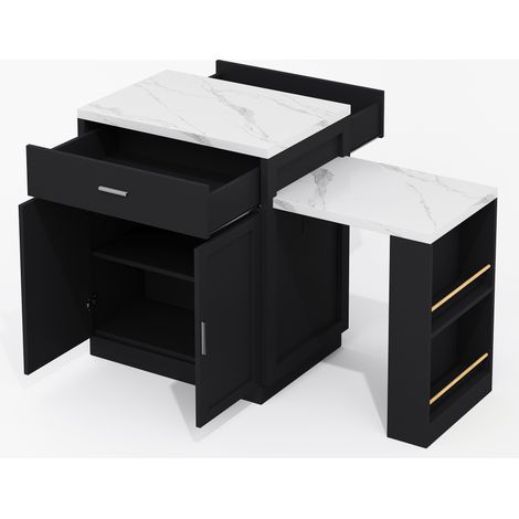 Isla de cocina extensible con mesa, MDF negro y efecto mármol, enchufe, armario y cajones (1/5)