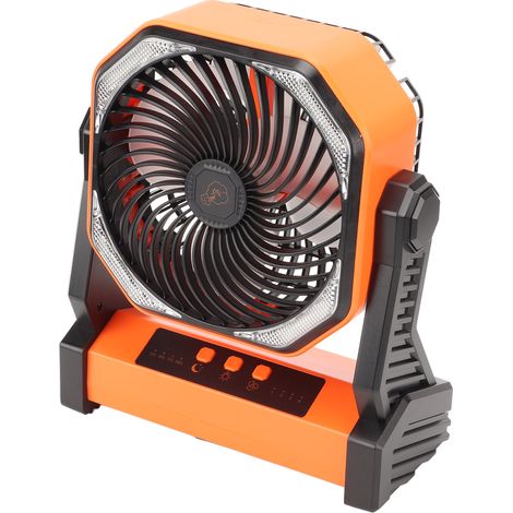 Ventilateur de camping avec lanterne LED, 4 vitesses, pivot à 270°, grand débit d'air, rechargeable par USB, avec crochet pour lampe, orange.