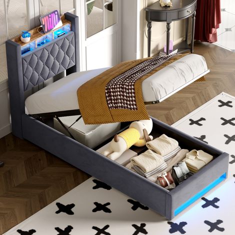 Letto contenitore 90x200 cm con porta USB e vano portaoggetti nella testiera, letto per bambini con illuminazione a LED e vano contenitore, letto singolo grigio, materasso non incluso. (1/5)