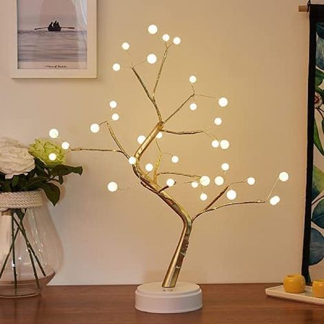 Lampe de bureau arbre scintillant, arbre lutin, lampe bonsaï, lampe arbre LED, arbre lutin scintillant à piles/USB, décoration, chambre, mariage, cadeau (36 LED perle) (1/5)